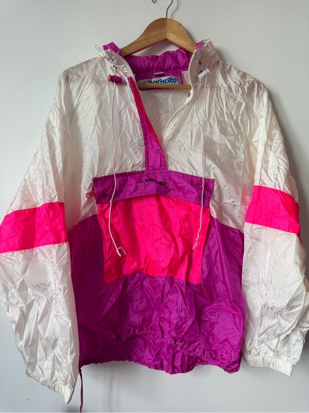 Vintage Park City Neon Anorak Windbreaker Jacket Women's LG Pink White Gorpcore